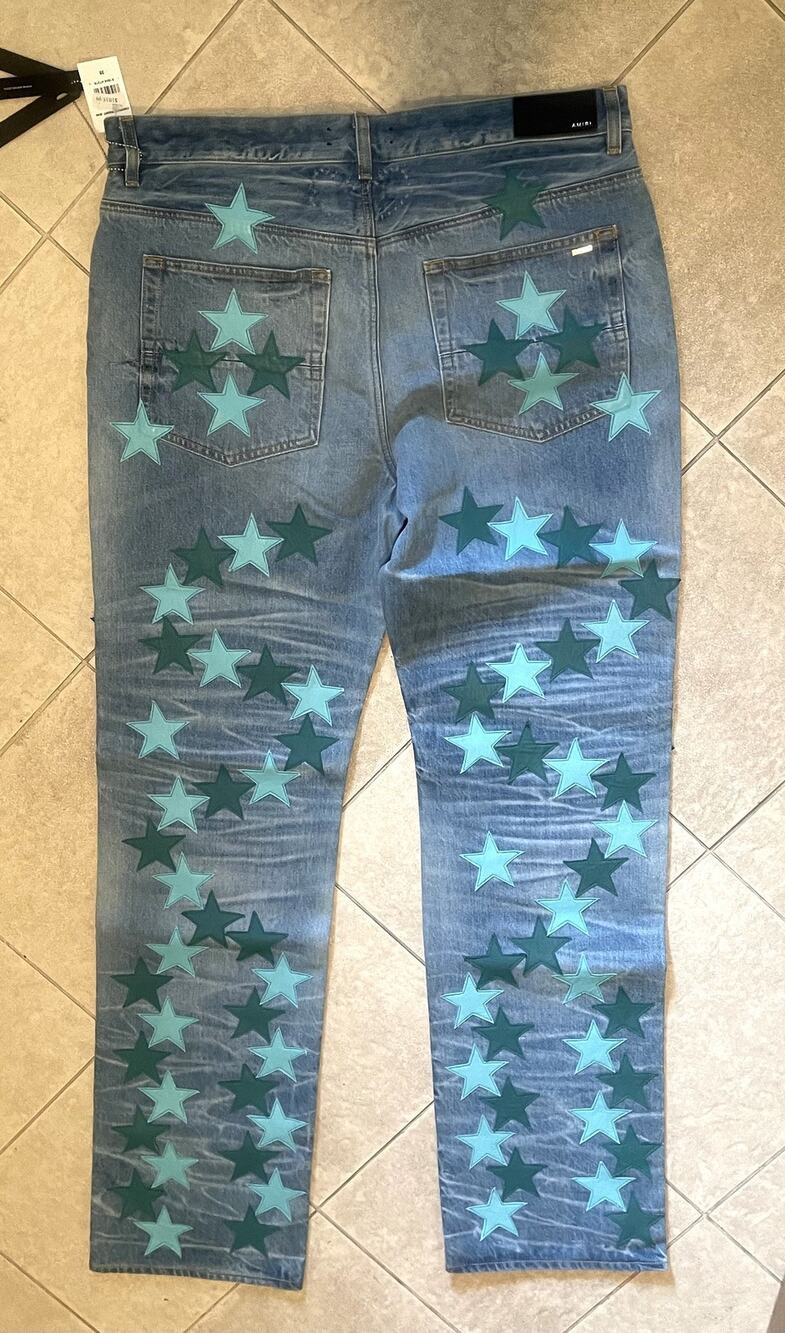 $2,995 NWT Amiri Chemist Star Patchwork Faded Indigo Straight-Leg Jeans Size 36
